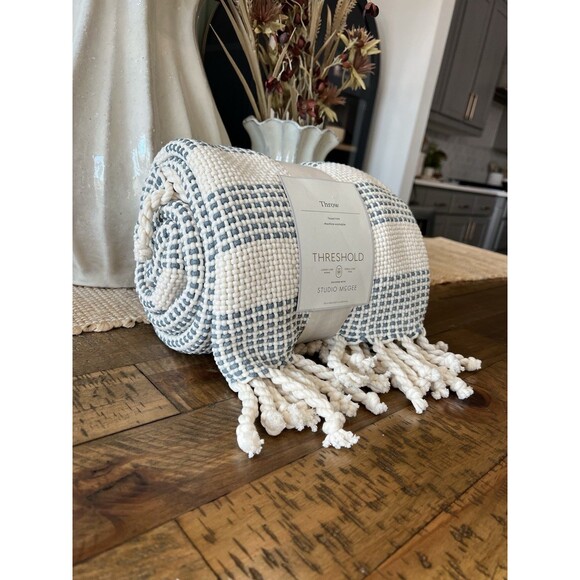 Threshold Studio McGee Decorative Throw Blanket Border Stripe Blue Cream 50"x60" - Picture 2 of 7